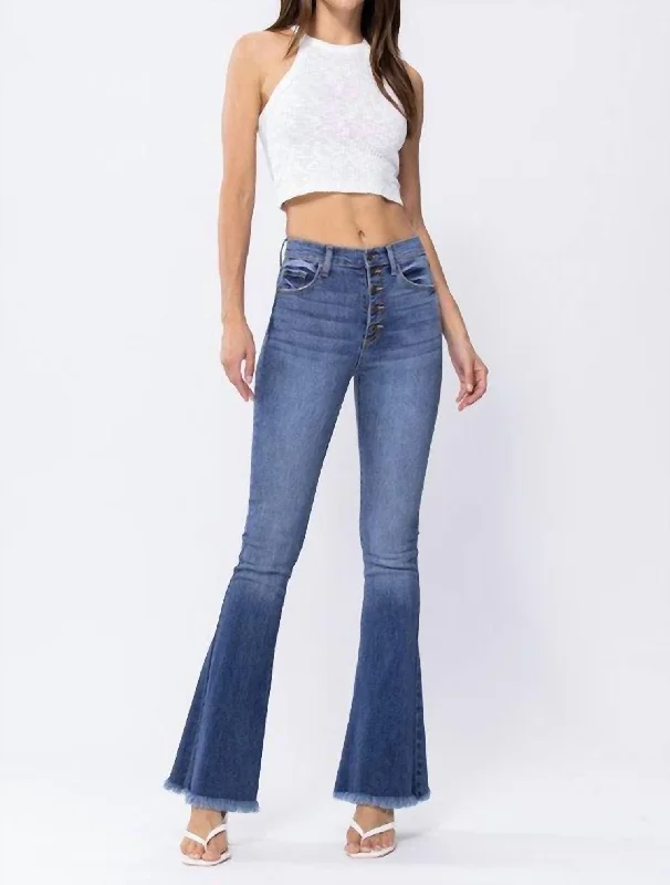 Women's Jodhpurs with Cropped LengthFrayed Hem Bell Bottoms In Medium Wash