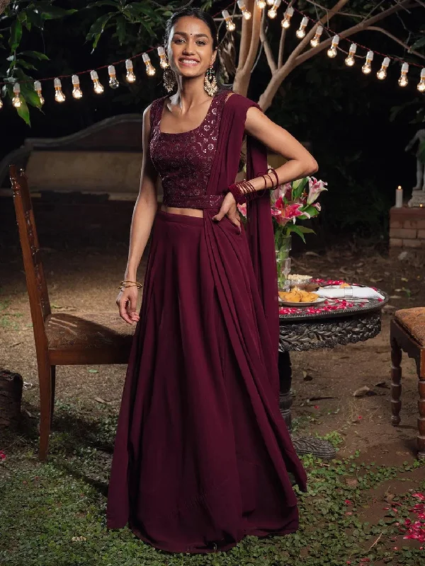 Women's Jumpsuits with Short LengthBurgundy Embroidered Georgette Lehenga Set