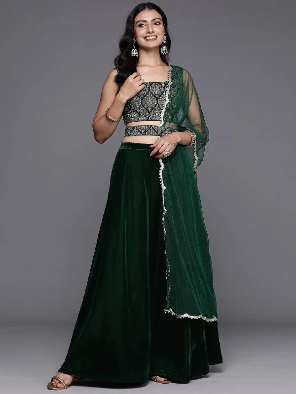 Women's Jumpsuits with ZipperGreen Embroidered Velvet Lehenga Set