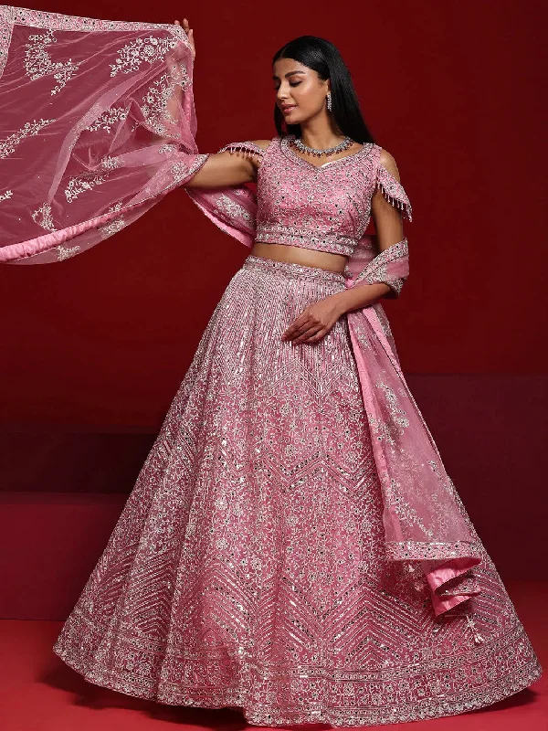 Women's Jumpsuits with Shawl CollarLibas Art Pink Embellished Net Lehenga Set