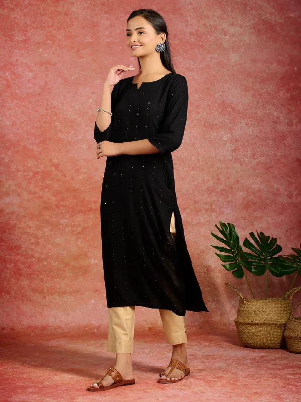 Women's Jumpsuits with Shirt CollarBlack Embroidered Rayon Straight Kurta