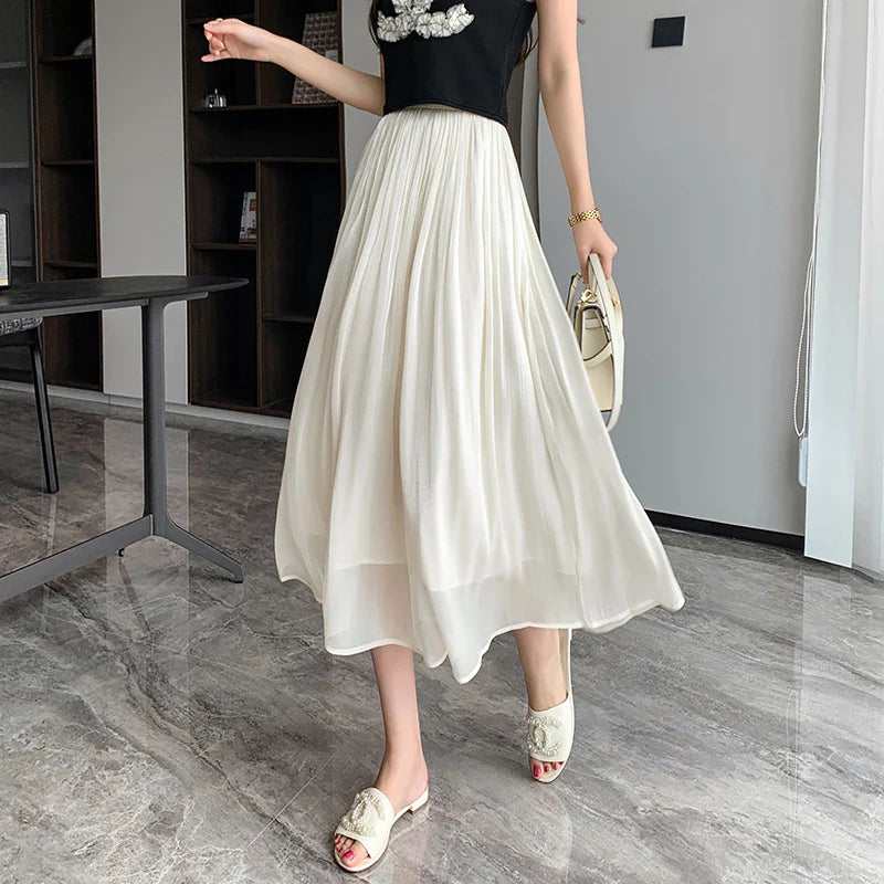 Women's Winter SkirtsFashionSierra - 2024 New Spring Summer Women Tulle Solid Color Elastic High Waist Pleated Ladies Temperament Skirt