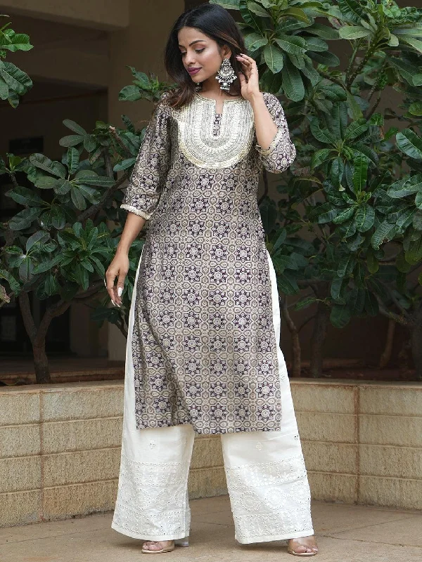 Women's Jumpsuits with Peter Pan CollarGrey Printed Silk Straight Kurta