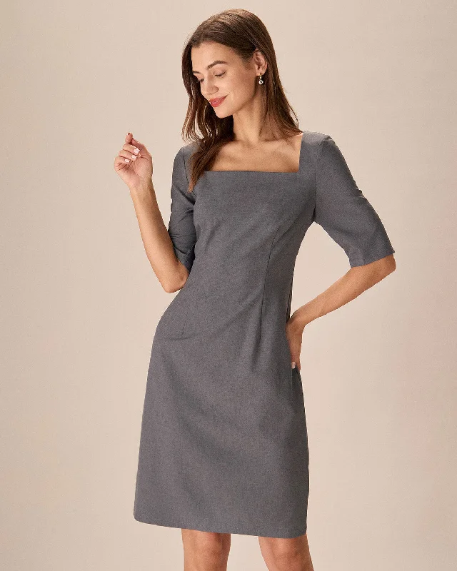 Women's Low Collar DressesGrey Square Neck Slit Midi Dress