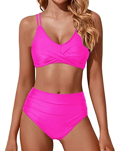 Push Up Wrap High Leg Cheeky Cutout Bikini Bottom-Neon Pink