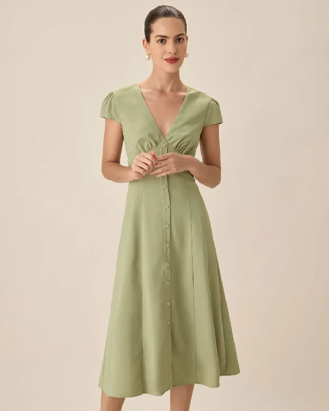 Women's Keyhole Collar DressesGreen V-Neck Button Midi Dress