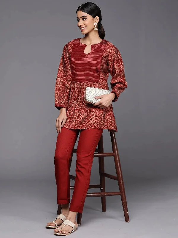 Women's Jumpsuits with High CollarMaroon Printed Silk Blend A-Line Kurti