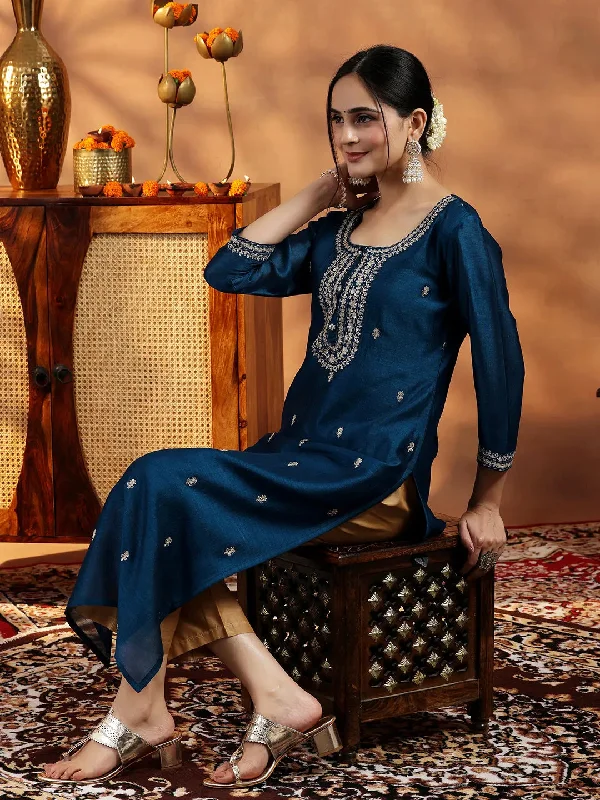 Women's Jumpsuits with Lapel CollarTeal Embroidered Silk Straight Kurta