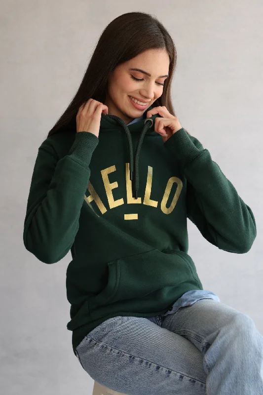 Women's Hooded Sweatshirts with Brocade LiningForest Green Hello Hoodie