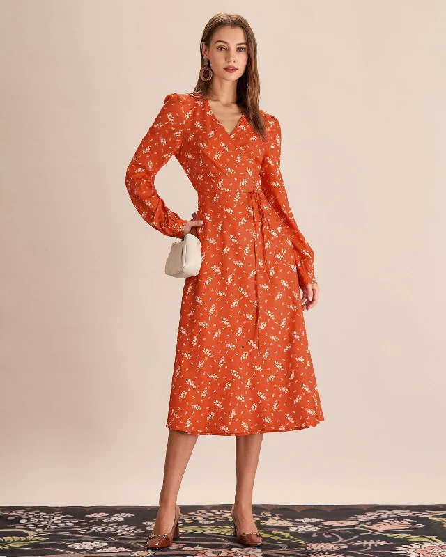 Women's Halter DressesOrange Floral Wrap Midi Dress