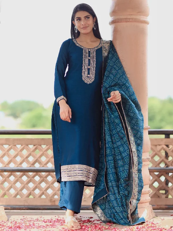 Women's Jumpsuits with Rounded CollarTeal Embroidered Silk Blend Straight Suit With Dupatta