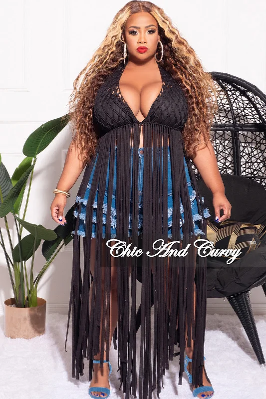 Final Sale Plus Size Long Fringe Halter Backless Crochet Crop Top in Black