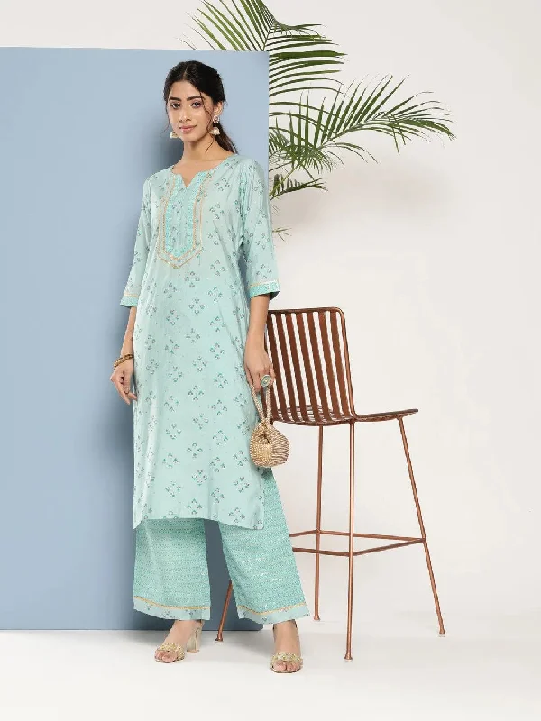 Women's Jumpsuits with Mid-LengthBlue Printed Silk Straight Kurta