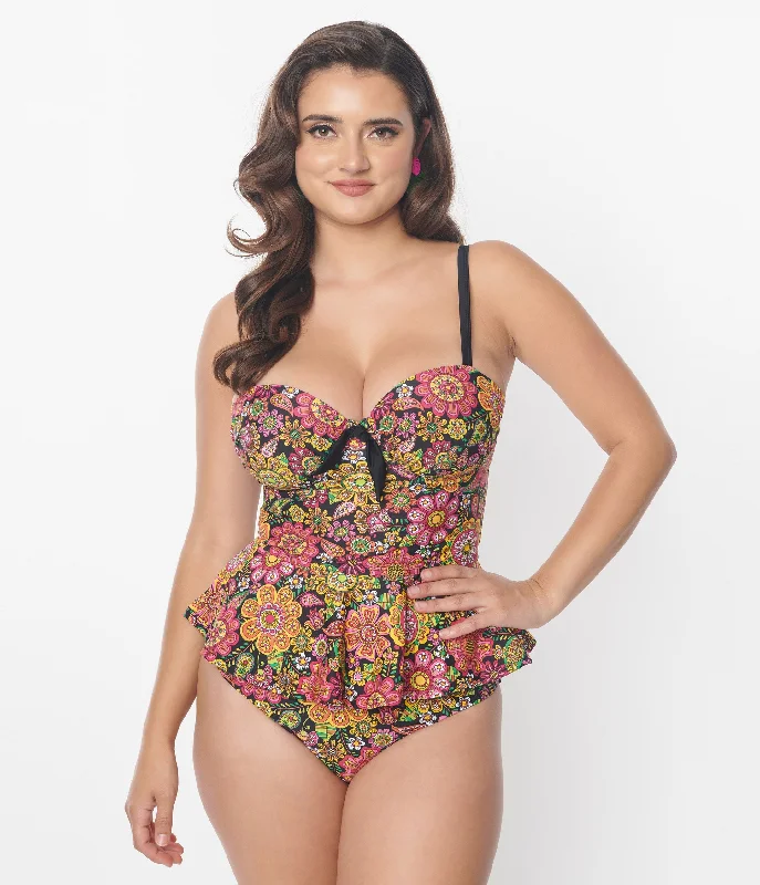 Unique Vintage 1960s Kaleidoscope Floral Solana Tankini Swim Top