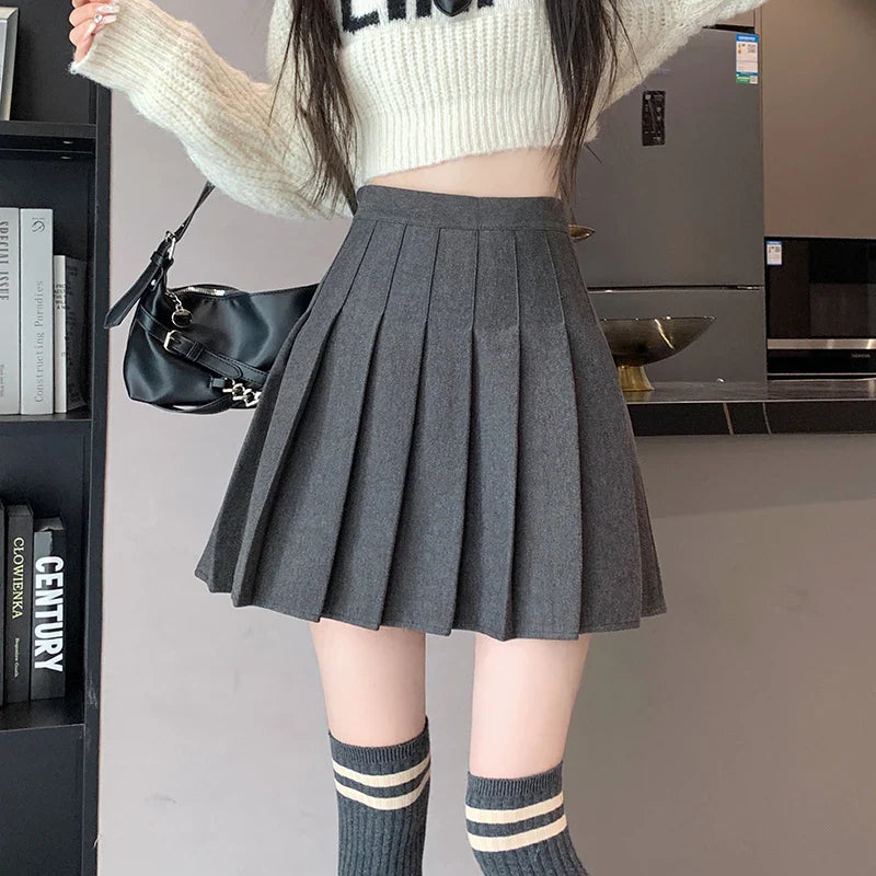 Women's Boho SkirtsFashionSierra - New Korean Preppy Style Mini Pleated Women 2024 New High Waist Woolen Autumn Winter Casual Wool Skirt