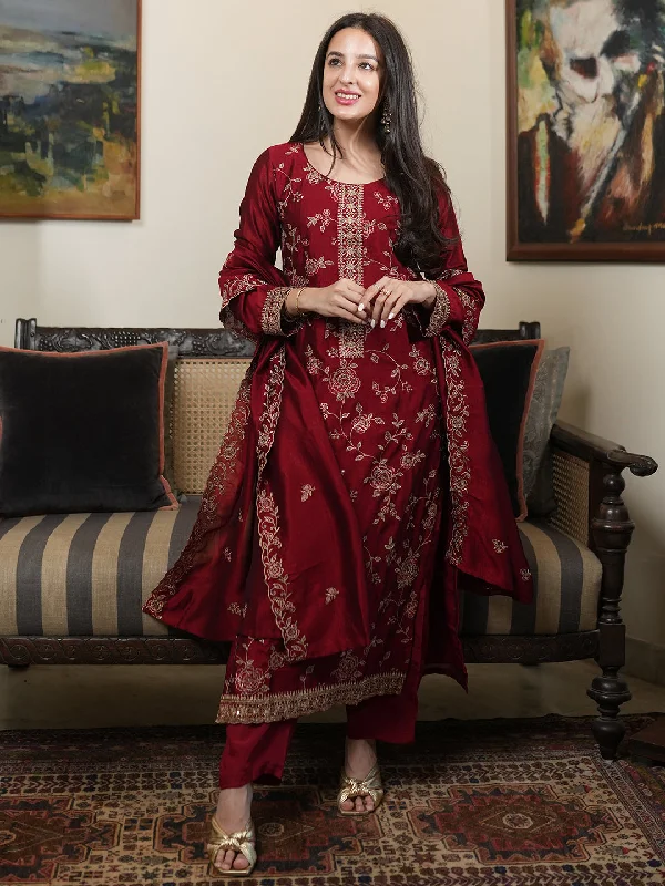 Women's Jumpsuits with U-Shaped NeckMaroon Embroidered Silk Blend Straight Suit With Dupatta