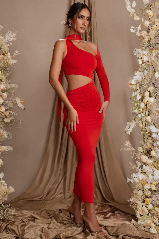 Women's Sweetheart-Neck DressesSingle Sleeve Cut Out Maxi Dress in Red