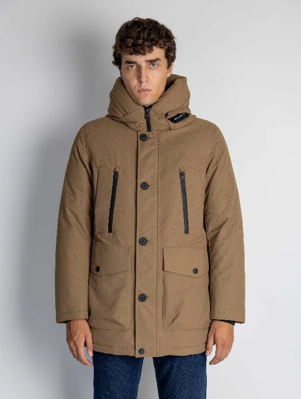 Women's Coats with BeltParka con Cappuccio in Twill Beige