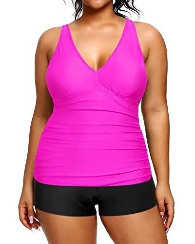 Plus Size Ruched Tummy Control Bathing Suit High Waisted Two Piece Swimsuit-Hot Pink