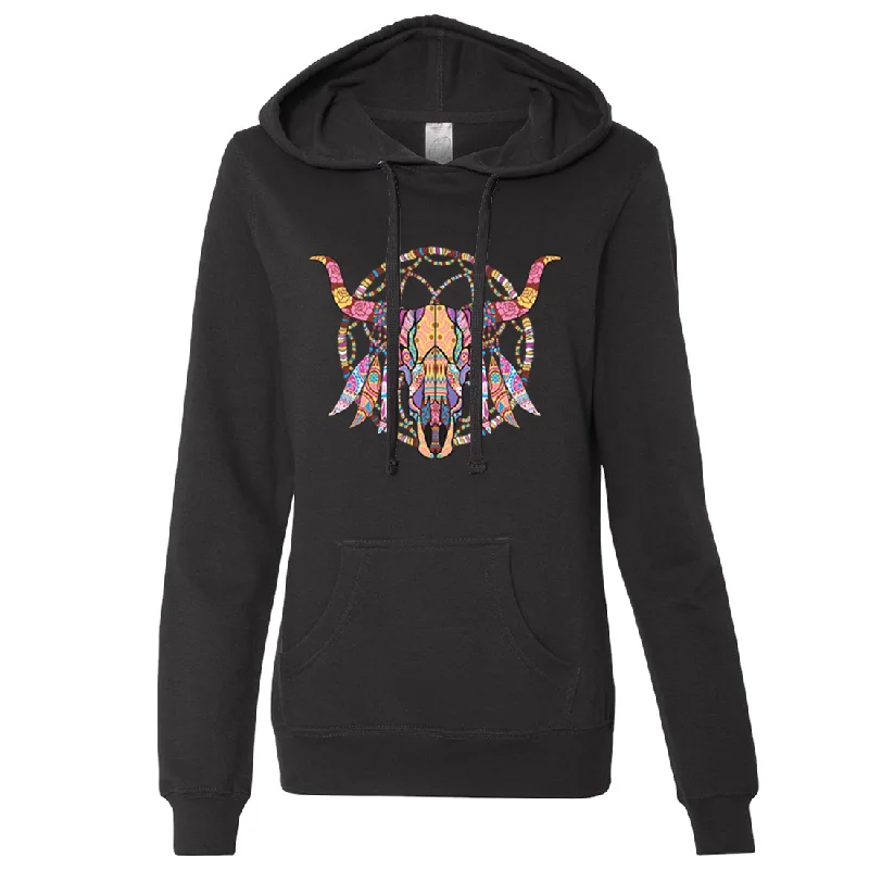 Women's Hooded Sweatshirts with PocketsCow Skull Mosaic Ladies Lightweight Fitted Hoodie