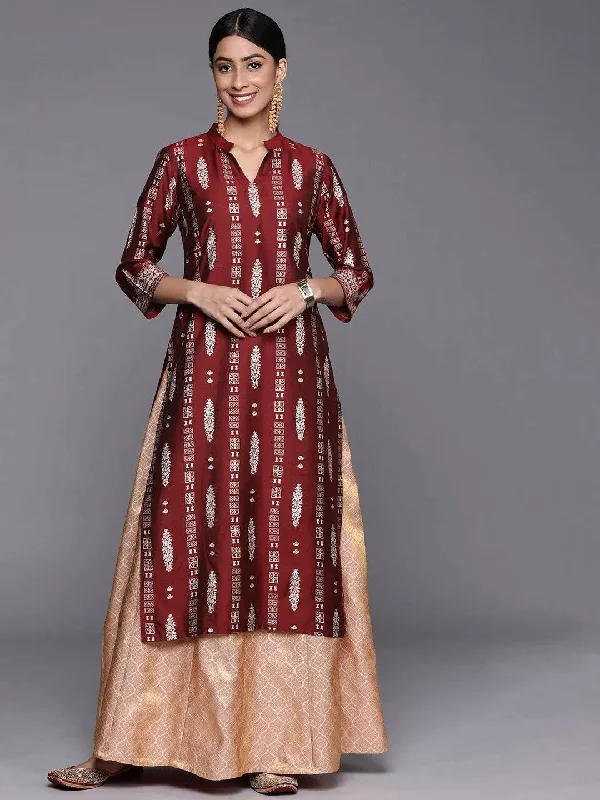 Women's Jumpsuits with High CollarMaroon Printed Silk Straight Kurta