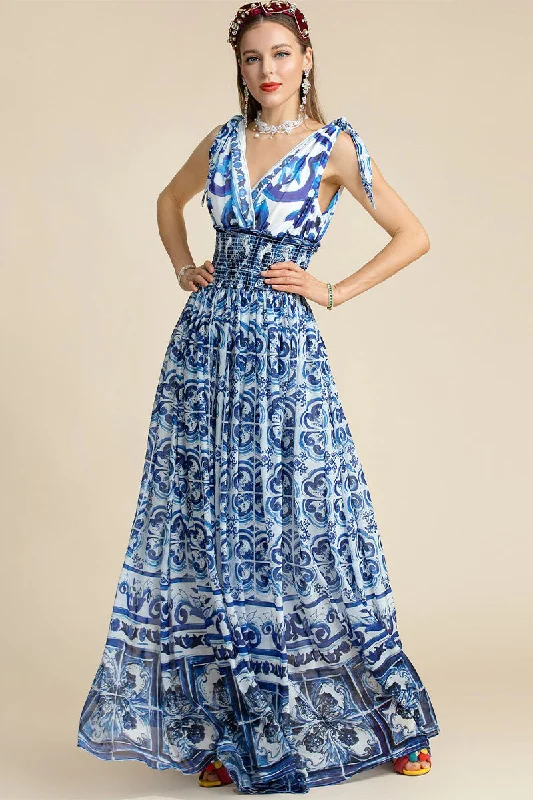 Women's Square-Back DressesMediterraneo Long Majolica Print Maxi Dress