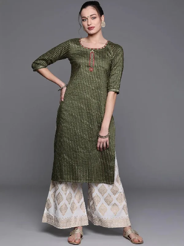 Women's OverallsGreen Striped Chanderi Silk Kurta