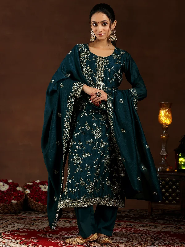 Women's Jumpsuits with Mandarin CollarTeal Embroidered Silk Blend Straight Suit With Dupatta