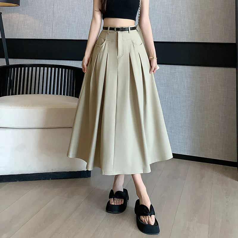 Women's Mid-Waist SkirtsFashionSierra - 2024 New Spring Summer Women Pleated Long Fashion High Waist A-line Umbrella Ladies Casual Suit Skirt