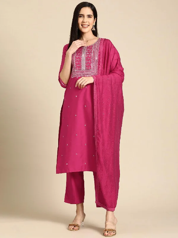 Women's Jumpsuits with Shirt CollarPink Yoke Design Silk Blend Straight Suit With Dupatta