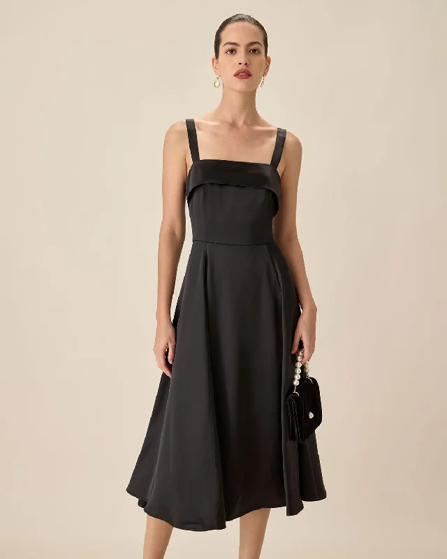 Women's Lapel Collar DressesBlack Satin Slip Midi Dress