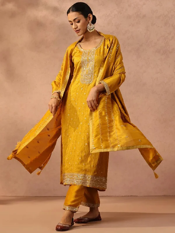 Women's Jumpsuits with Low CollarYellow Embroidered Silk Blend Straight Kurta With Trousers & Dupatta