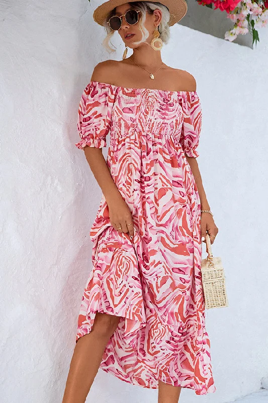 Women's Square-Neck DressesSmocked Print Off The Shoulder Midi Dress