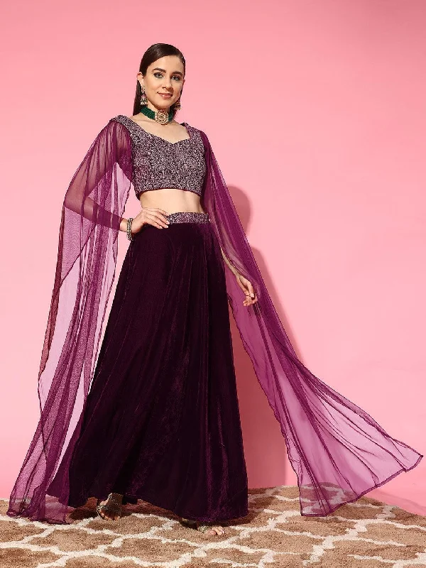 Women's Jumpsuits with Boat CollarWine Embroidered Velvet Lehenga Set