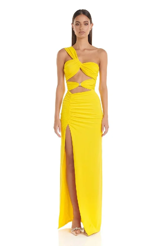 Women's Notched Collar DressesSuperlative Elegance Yellow Maxi Dress