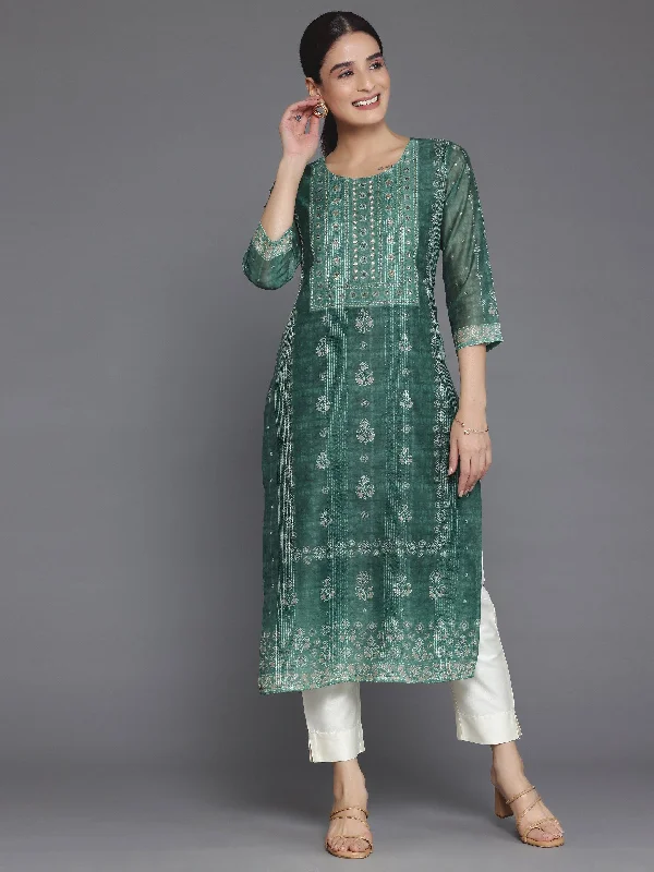 Women's Jumpsuits with Lapel CollarGreen Printed Chanderi Silk Straight Kurta