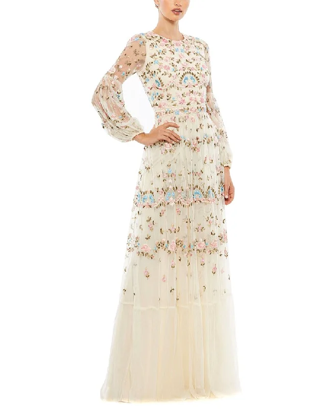 Women's Narrow Collar DressesMac Duggal Embroidered High Neck Illusion Sleeve Tiered Gown