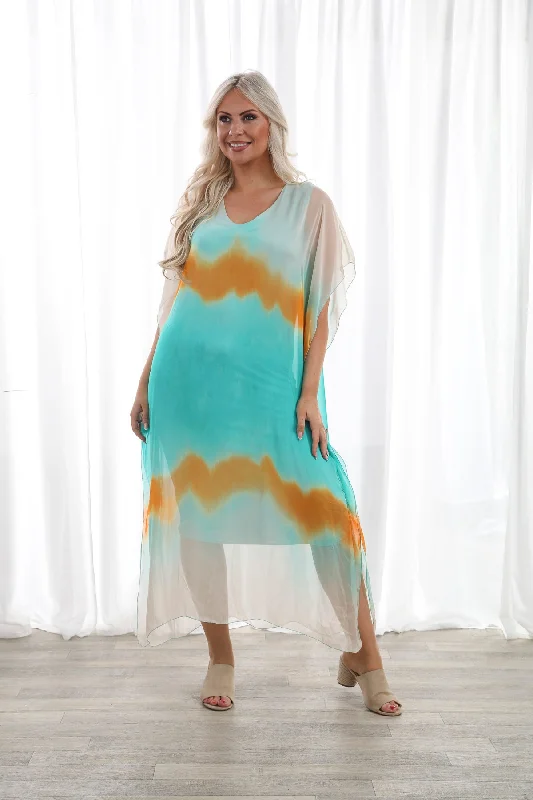 Women's Collarless DressesSilk Tye Dye Dress Turquoise