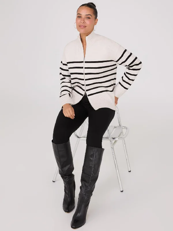 Women's V-Neck BlouseStriped Zip-Front Sweater