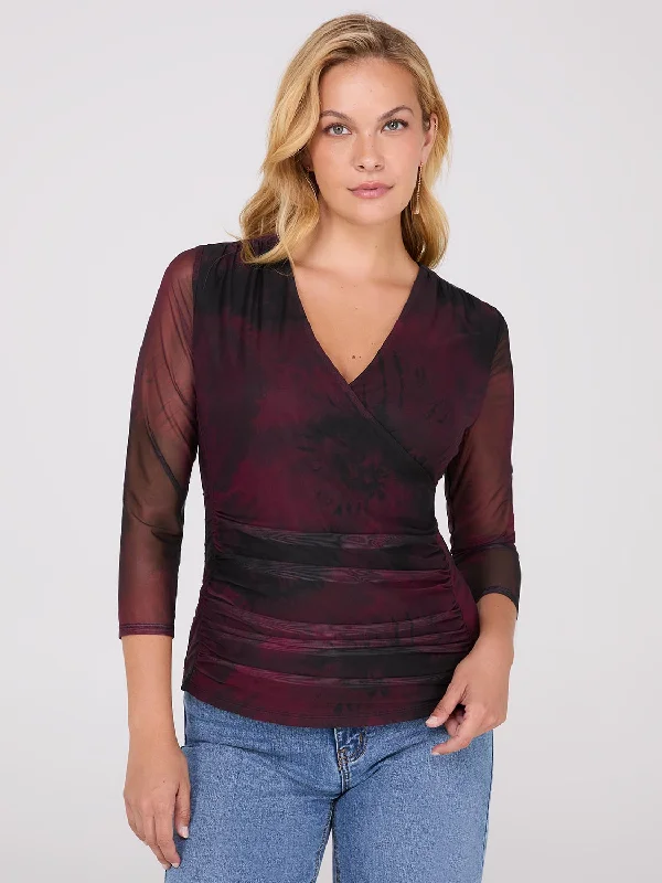 Women's Blouse with Low CollarAbstract Print Crossover Mesh Top