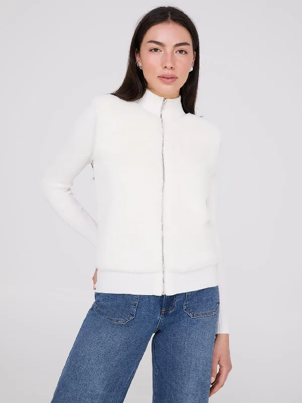 Women's Blouse with High CollarZip-Front Faux Fur Sweater