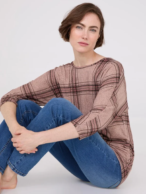 Women's Blouse with Rounded Collar3/4 Sleeve Plaid Top With Side Ruching