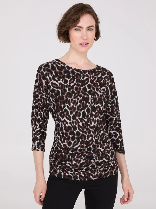 Women's Blouse with Notched Collar3/4 Sleeve Animal Print Top With Side Ruching