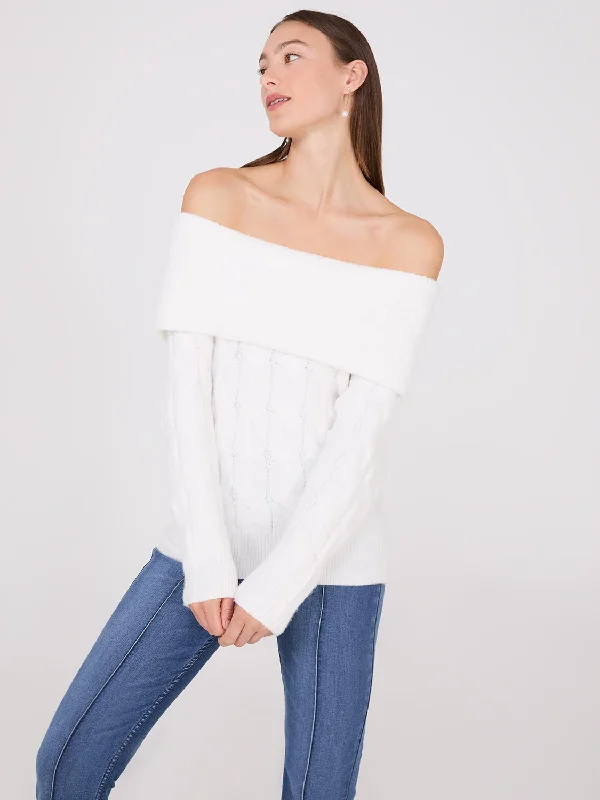 Women's Blouse with Sweetheart CollarOff-The-Shoulder Cable Knit Sweater