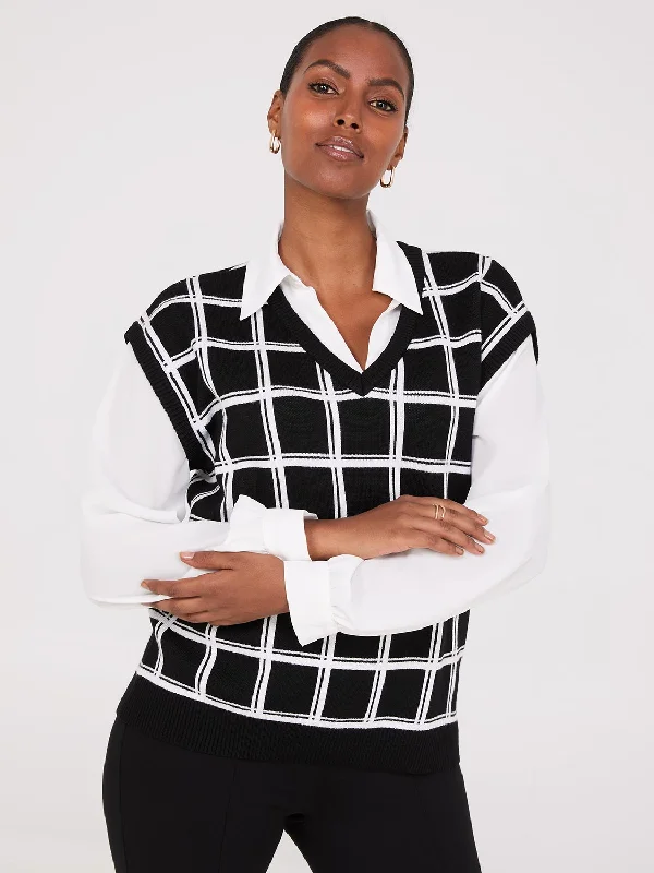 Women's Blouse with Lace2-Fer Windowpane Print Vest With Blouse