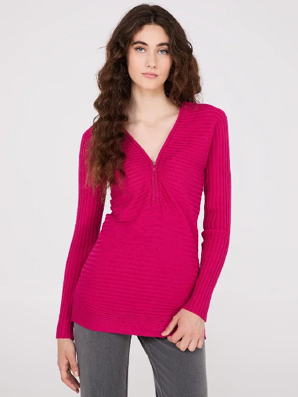 Women's Blouse with Collarless DesignZipper V-Neck Sweater